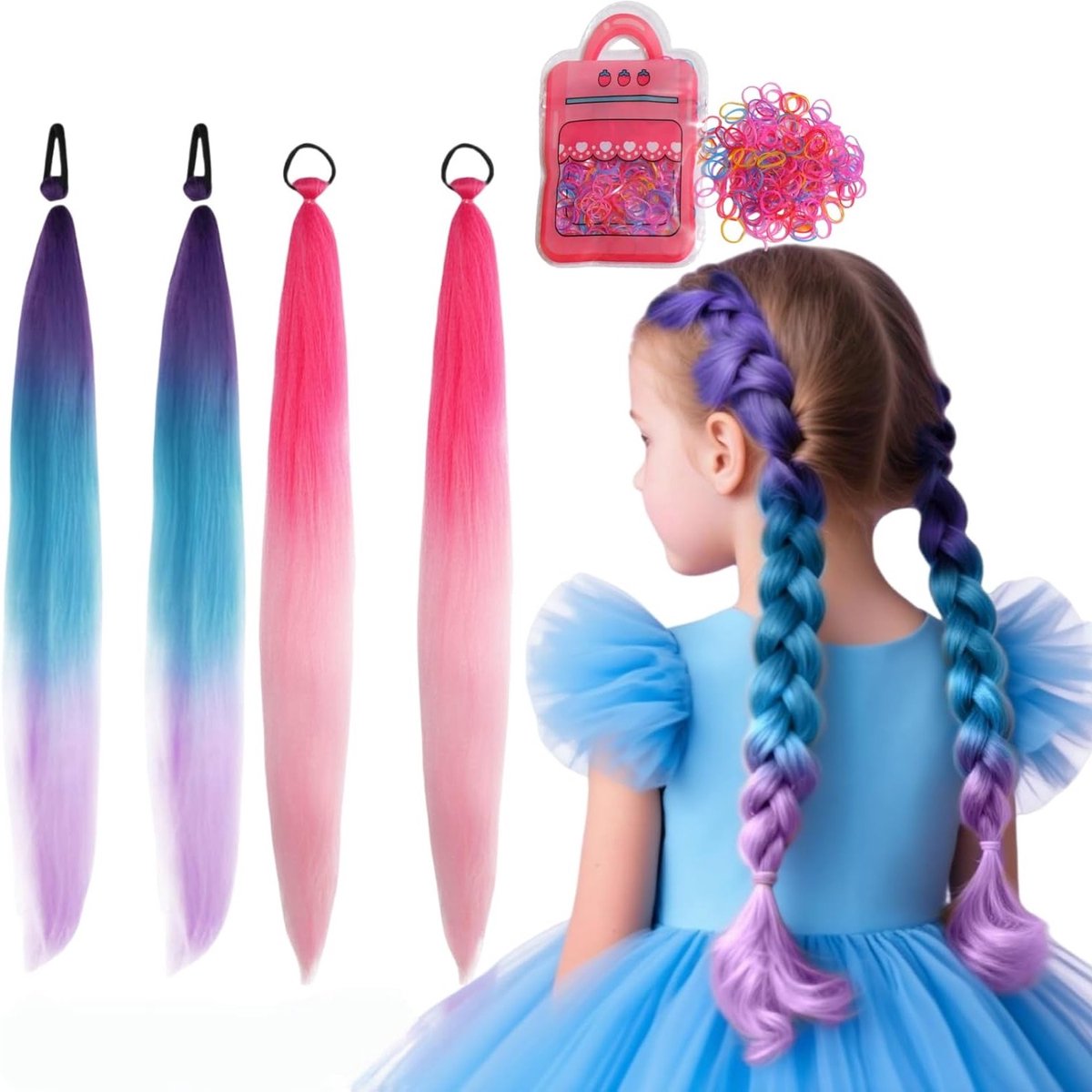 Kleurige haarwefts voor kinderen in paars en roze met 260 clips - haarextensions voor vlechten, knippen en stylen, synthetisch haar voor creatieve kapsels