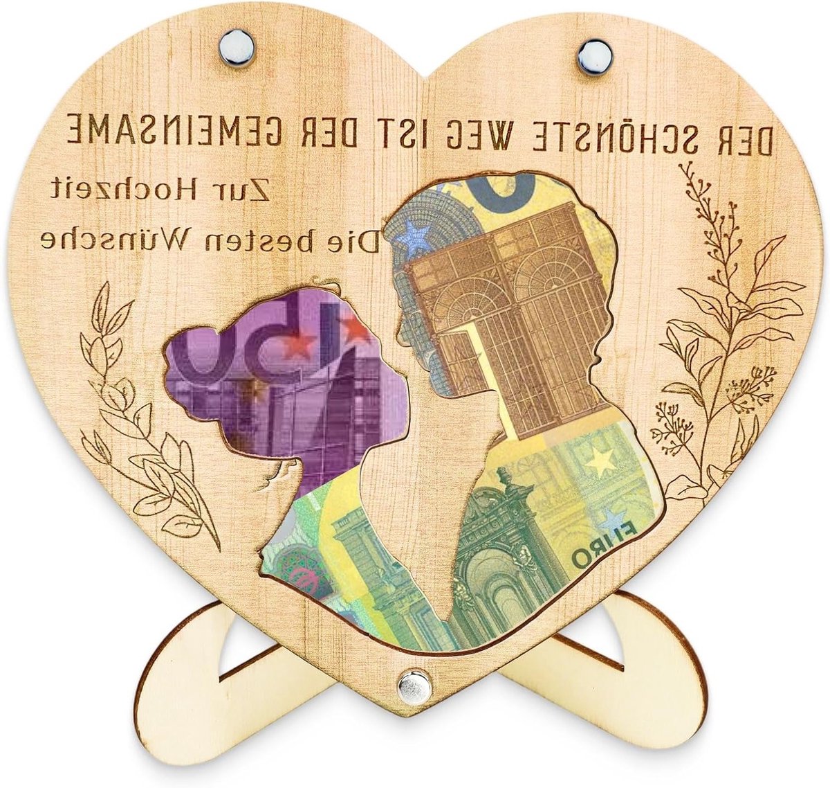 Gepersonaliseerd geldgeschenk voor bruiloft in houten hartvorm, unieke huwelijksdecoratie met lasergravure, stijlvolle cadeauverpakking voor het bruidspaar