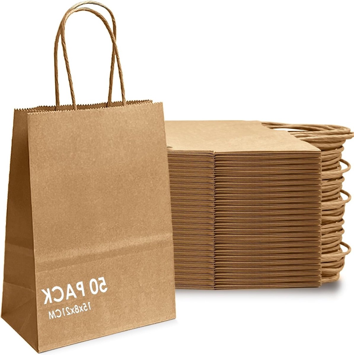 Grote Kraft Papieren Tassen met Handvatten - 50 Stuks voor Verjaardag, Trouwerij en Feestdagen, 21 x 8 x 15 cm, Ideaal voor Cadeauverpakking en Winkelen