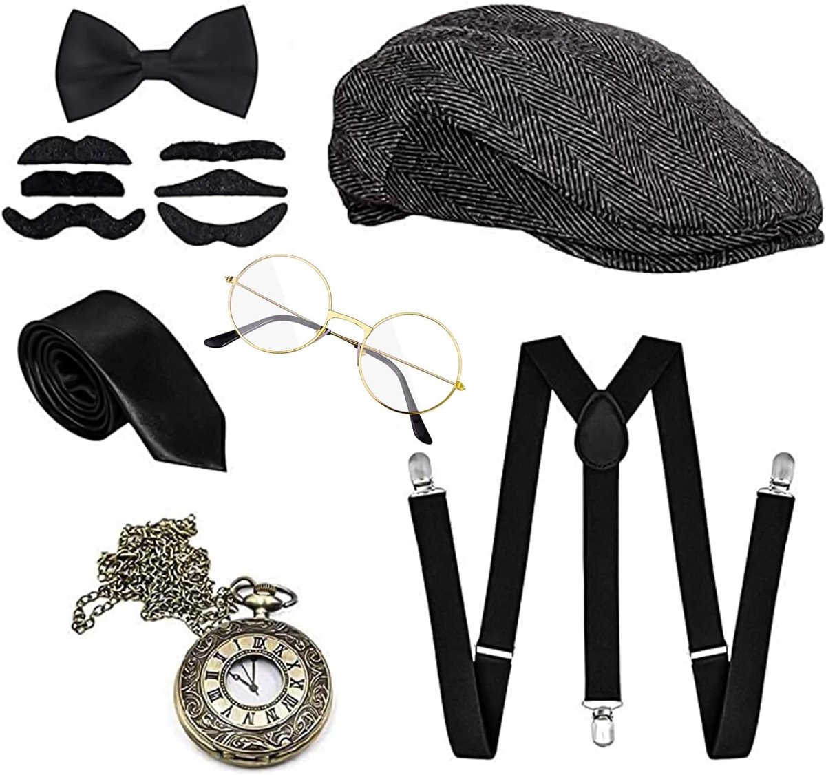 1920s Mannen Accessoires Set voor Mafia en Gatsby Kostuum met Panama Hoed, Verstelbare Banden, Stropdas, Strik, Retro Zakhorloge, Bril en Baard (7PCS)