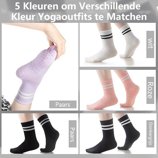 Pilates Sokken Dames - Yoga Sokken met Grip - Antislip Sokken - Grip Sokken - Katoenen Sokken - 5 Paar - Zwart Wit Grijs Roze Paars van Merkloos — afbeelding 3