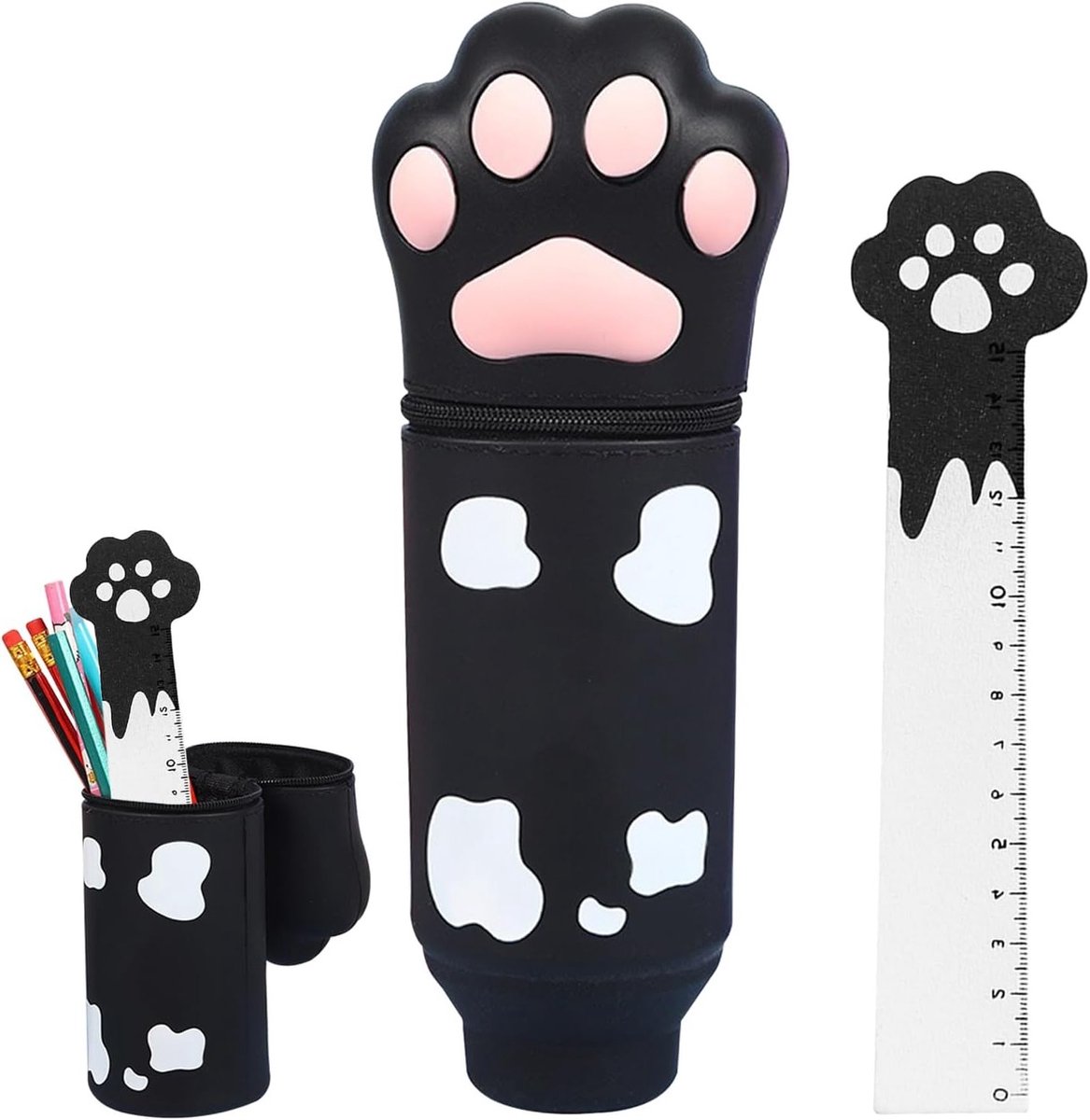 Schattige Kawaii Pennenzak 2 in 1 van Zacht Silicone in de Vorm van een Kattenpoot met Rits en Liniaal, Perfect voor School en Kantoor, Leuk Cadeau voor Kinderen