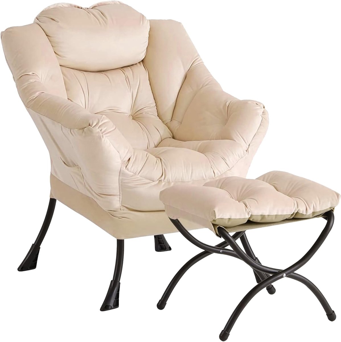 Ruime Relaxstoel met Opvouwbaar Voetenbankje - Lounge Fauteuil met Zijvak - Comfortabele Leesstoel - Draagkracht 180 kg - beige