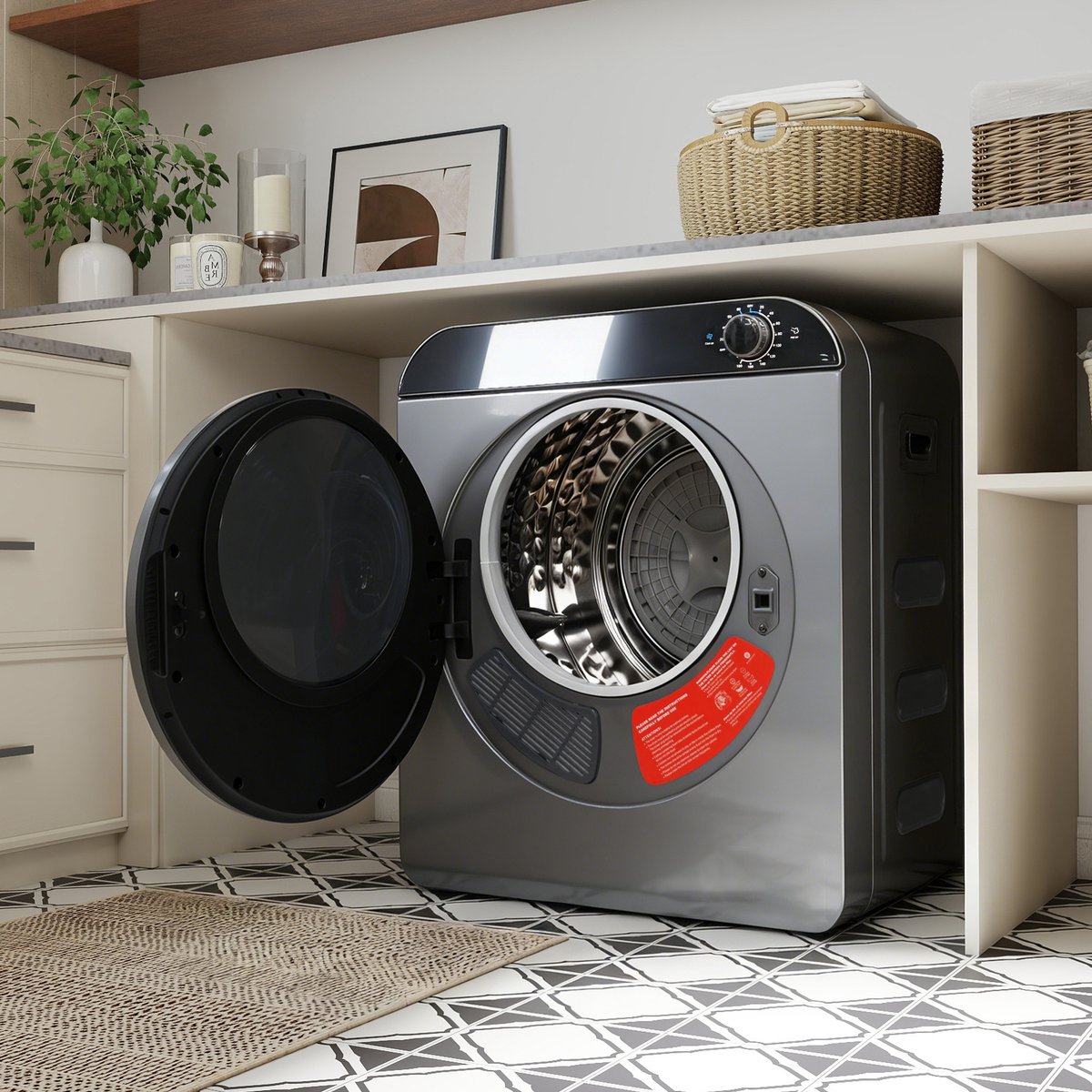 Re-purelife® wasdroger compact met 4 programma’s - kledingdroger met roestvrijstalen trommel - droger met PTC-keramische verwarming, wandmontage of stapelbaar - zilvergrijs 49,5 × 42 × 59,5 cm