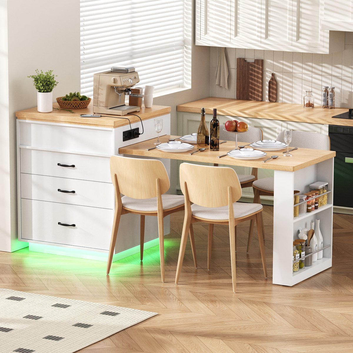 Merax Keukeneiland op wielen - uitschuifbare eettafel met LED-verlichting - keukentafel met stopcontact - buffetkast - dressoir - wit