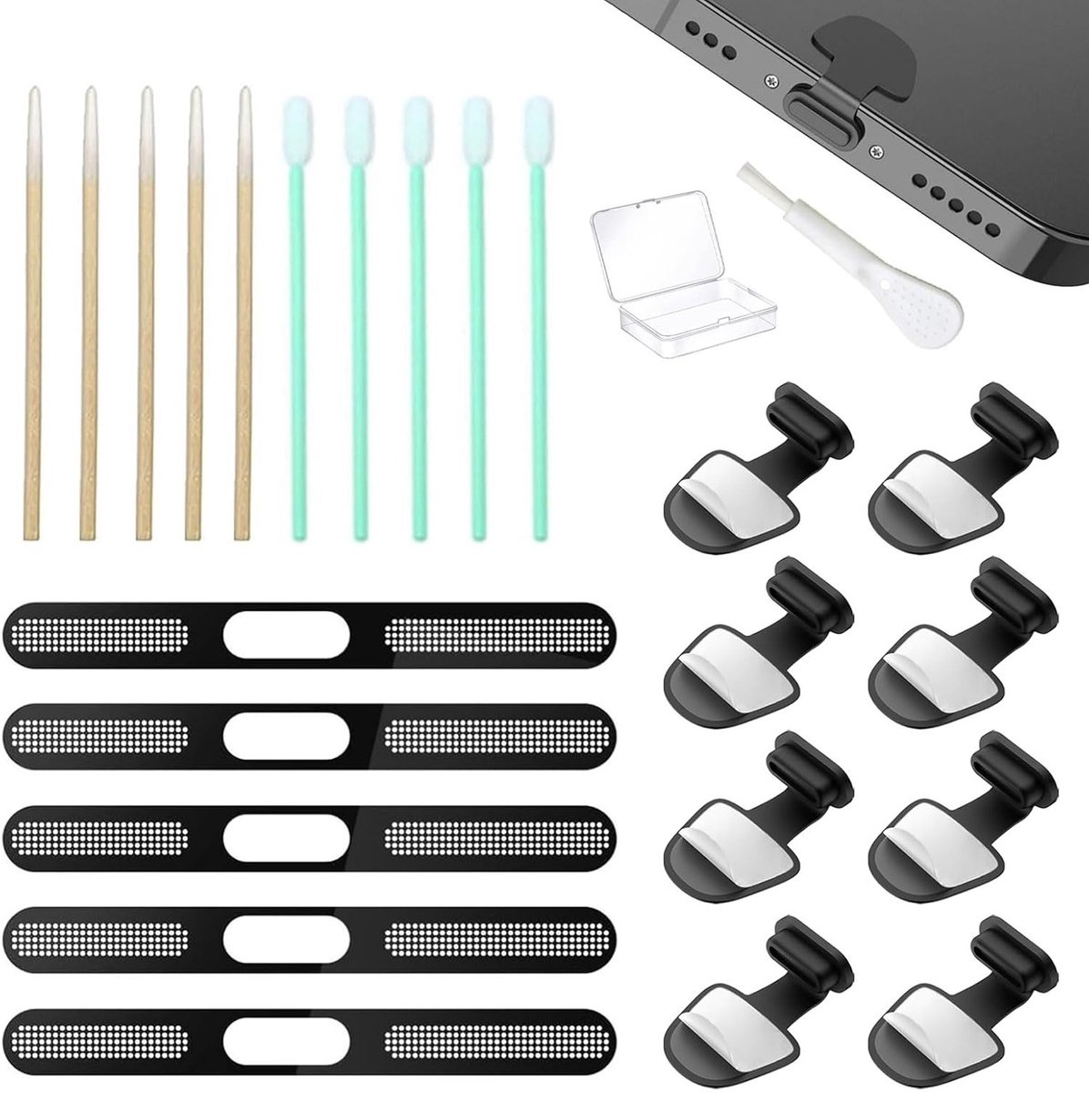 8-delige stofbeschermingsplugset voor iPhone 16 15 Plus/Pro Max, USB-C beschermkap, reinigingskit en luidsprekerbescherming, zwart