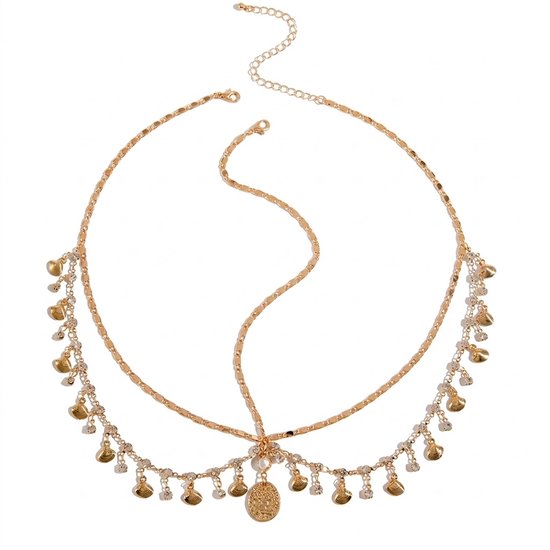 Chaîne de tête dorée à deux niveaux, ornée de strass et de breloques en forme de coquillage.
