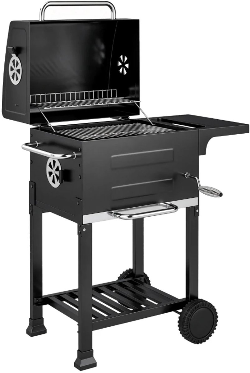 Premie Houtskool Barbecue - Compacte Smoker Barbecue - Barbecuegrill - Grillwagen - Houtskoolgrill met Deksel, Bijzettafel, Deksel, Thermometer, Planken - Verplaatsbaar - BBQ voor buiten, tuin - Zwart
