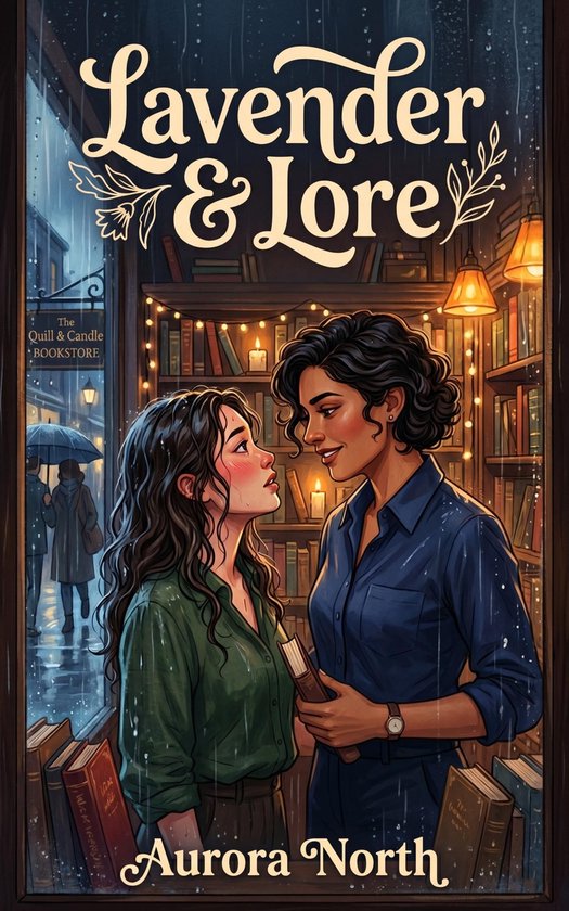 Boekomslag 'Lavender & Lore' van Aurora North. Twee vrouwen staan in een boekwinkel, de regen valt buiten. Gezellig verlicht met lampjes.