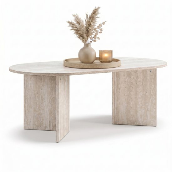 Table basse ACAZA - Table basse de luxe ronde - Travertin - 100 x 50 x 37,5 cm (L x l x H) - Bois - Table basse - Table basse industrielle - Table basse travertin - Table basse ovale