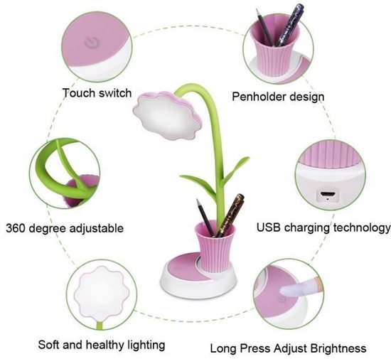 Bureaulamp - USB oplaadbare bureaulamp - Roze - LED - 3W - Leeslamp — afbeelding 2