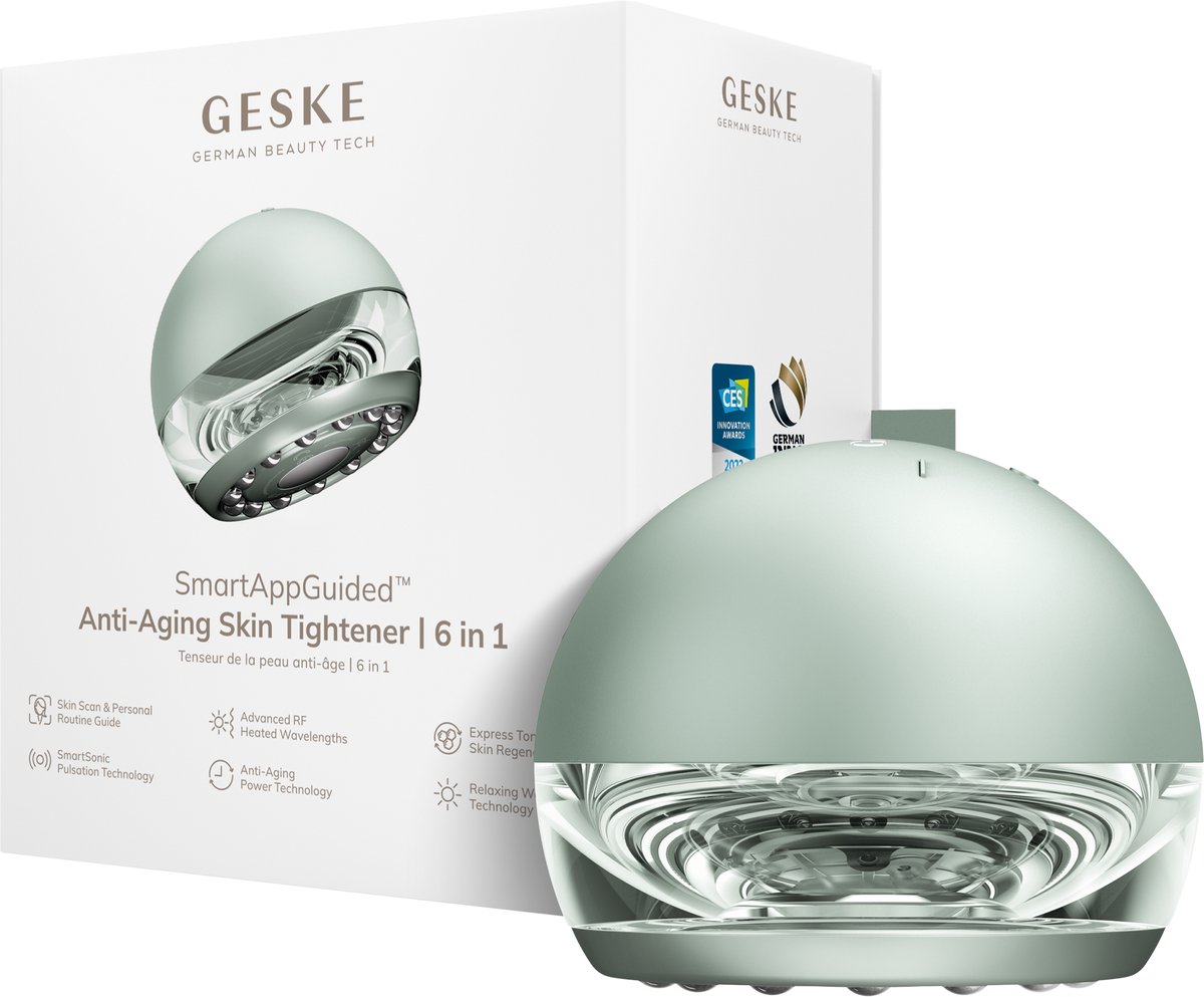 GESKE SmartAppGuided™ Anti-Aging Skin Tightener | 6 in 1 | Geavanceerde Anti-Aging | Radiofrequente Huidverstrakking | Huidvernieuwing met SmartSonic Pulsaties & Warming Technology
