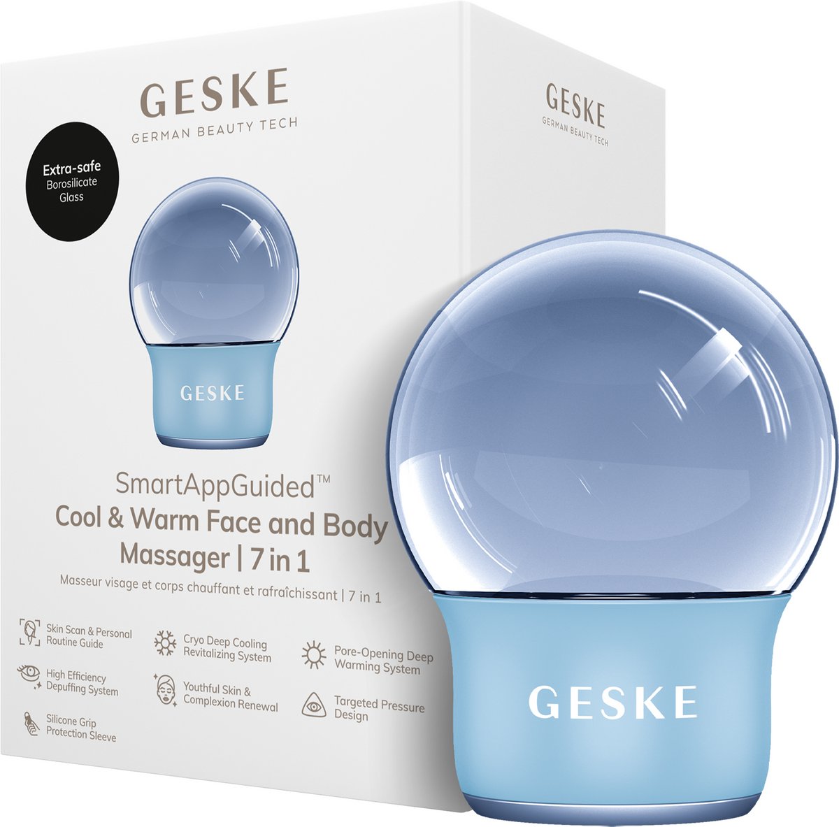 GESKE SmartAppGuided™ Cool & Warm Face & Body Massager | 7 in 1 | Multifunctioneel massageapparaat | Gezicht & Lichaam | Batterijloos koelen en warmen | Verstevigt en ontspant | Bolvormig