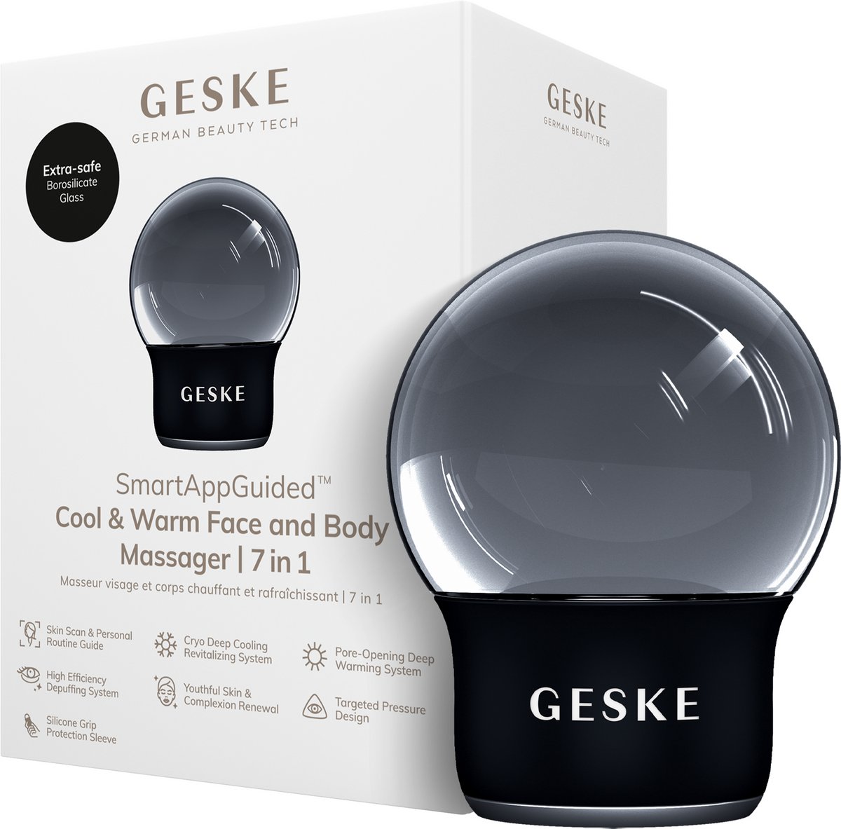 GESKE SmartAppGuided™ Cool & Warm Face & Body Massager | 7 in 1 | Multifunctioneel massageapparaat | Gezicht & Lichaam | Batterijloos koelen en warmen | Verstevigt en ontspant | Bolvormig