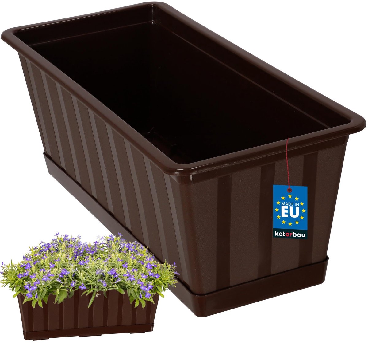 KOTARBAU® Balkonbak, Bloembak voor Balkon, Kunststof, 40 x 18 x 14 cm, Plantenbak, Bruin, Plantenbak Balkon, met Schotel, Rechthoekig