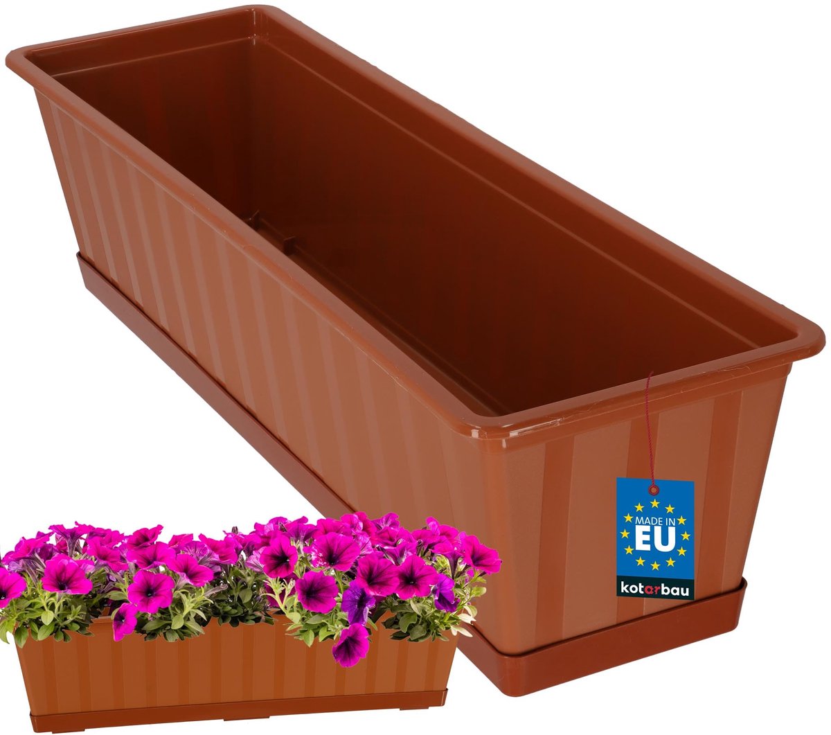 KOTARBAU® Balkonbak, Bloembak voor Balkon, Kunststof, 60 x 18 x 14 cm, Plantenbak, Terracotta, Plantenbak Balkon, met Schotel, Rechthoekig