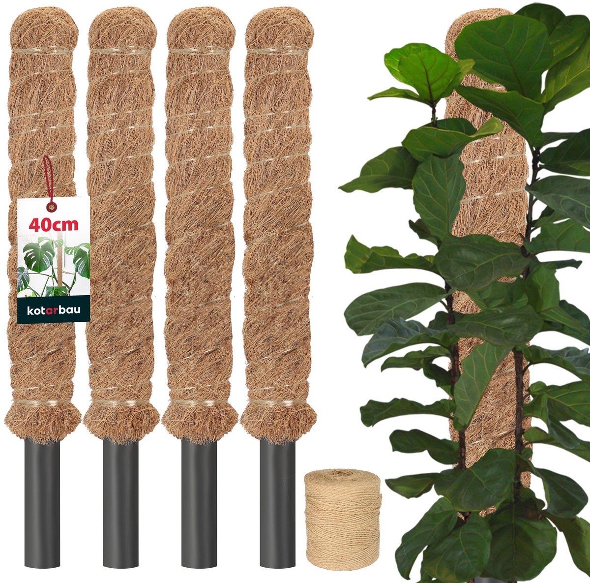 KOTARBAU® 4 st Kokosstok, Plantenstok, ⌀ 2,5 x 40 cm, Kokosstaaf, Klimhulp Monstera, Bruin, Kokosvezel, Klimhulp, Plantenstaaf, Kokosstok voor Monstera, Kokosstaaf voor Klimplanten
