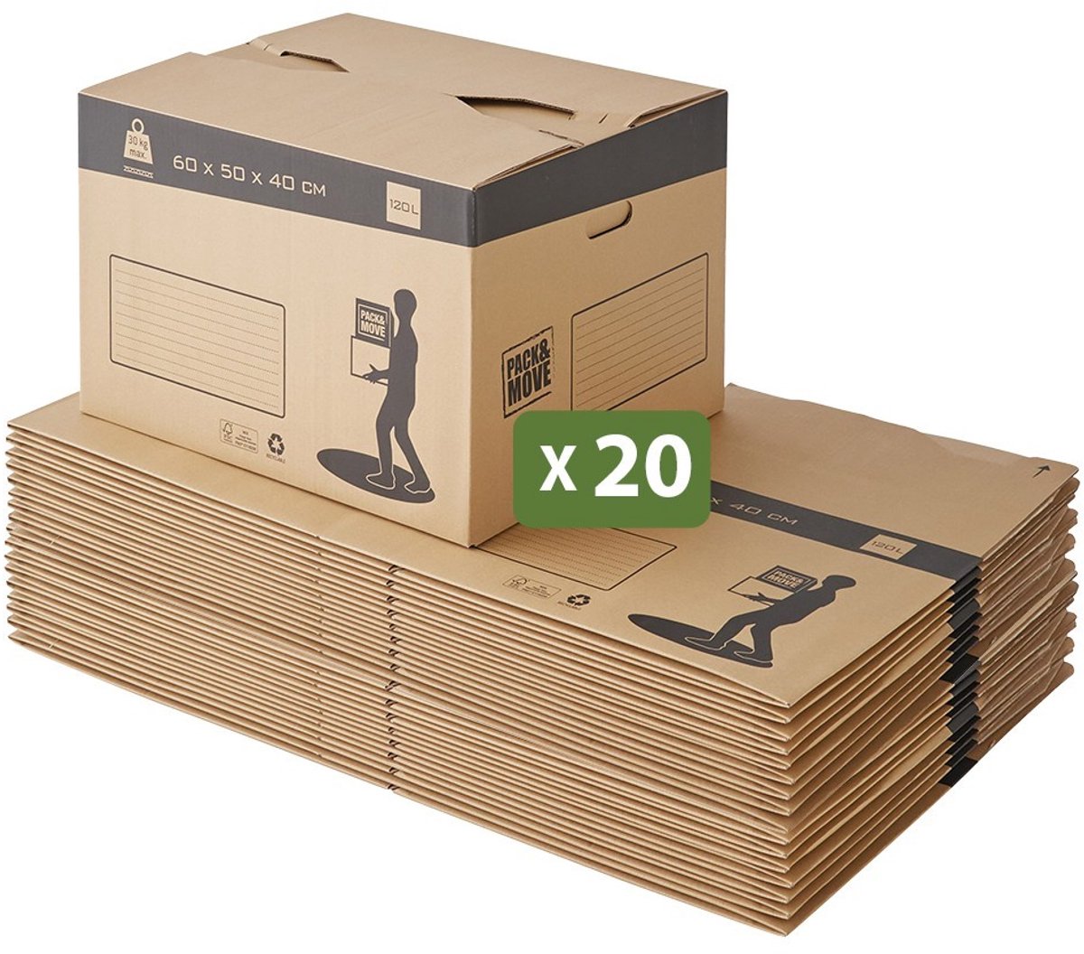 Pack and Move - Set 20 automatische verhuisdozen - 60 x 50 x 40 cm - Versterkte handgrepen