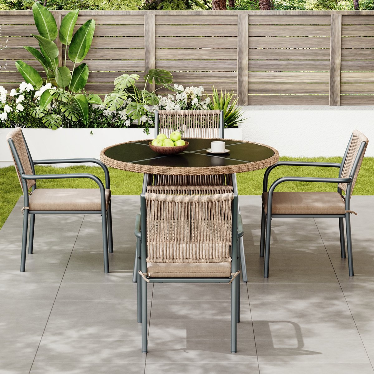 Gutent Loungesets - Tuinset - 5 Delig - 1 Ronde Glazen Tafel - 4 Armstoelen - Metaal Gestel - Voor Tuin Terras - Grijs – foto 2