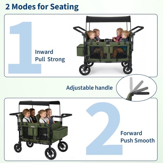 Opvouwbare Bolderkar voor 4 Kinderen met Huif en 5-Puntsgordel - Wandelwagen met Afneembaar Dienblad, Rem en Schokbestendige Wielen - groen — afbeelding 5