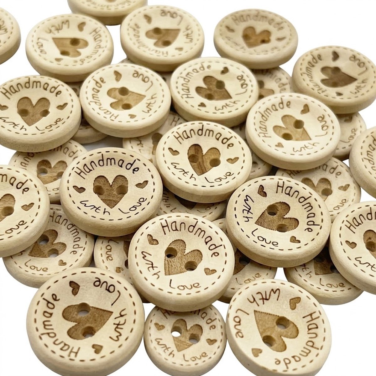 Houtkleurige houten knopen set 50 stuks kleding knopen dames en heren hartvormige knopen 20 mm met 2 gaten voor naaien knutselen scrapbooking en decoratie