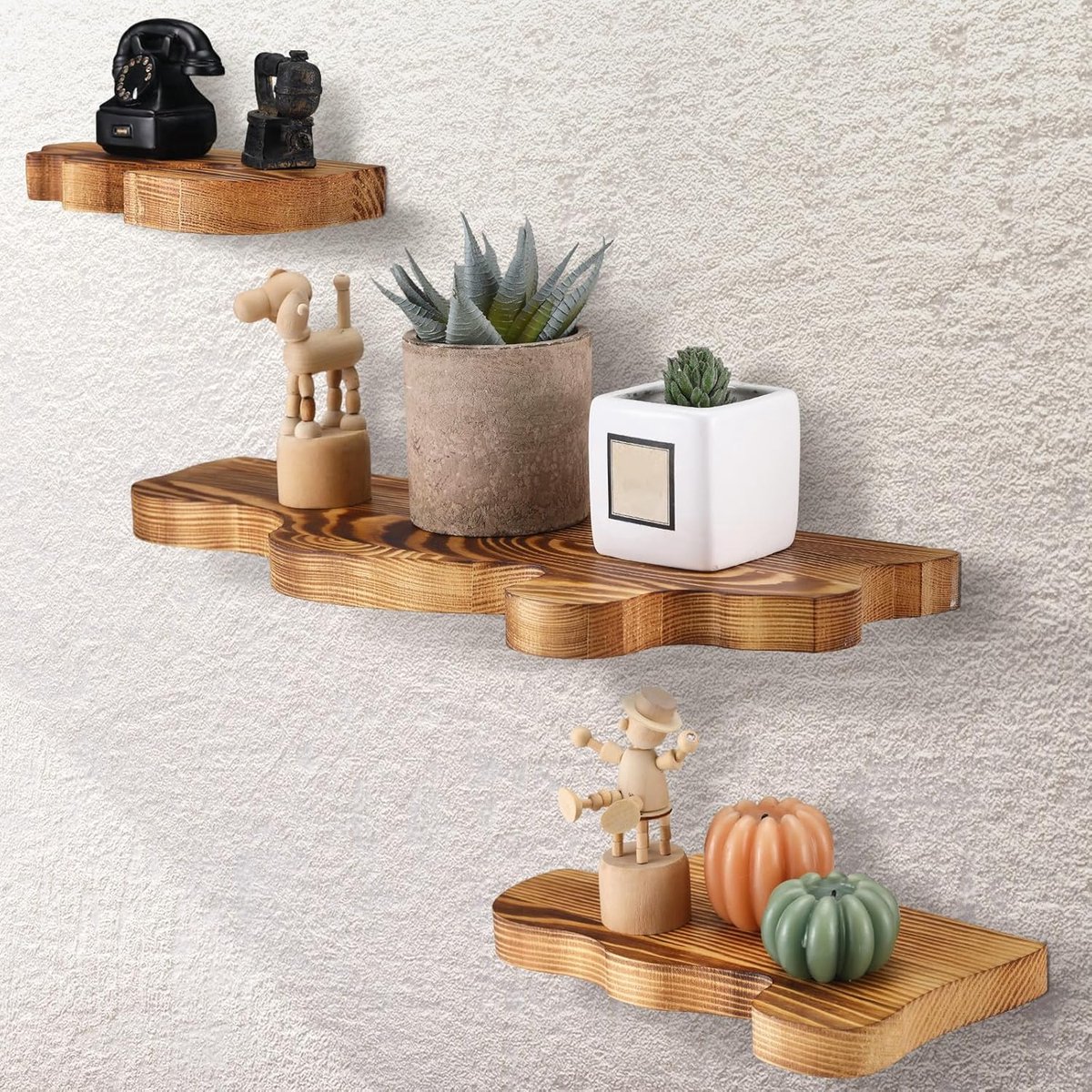 Rustieke zwevende wandplanken set van 3 - Live edge hout met golvende rand - Vintage muurplanken voor woonkamer, slaapkamer en hal - Landelijke wanddecoratie