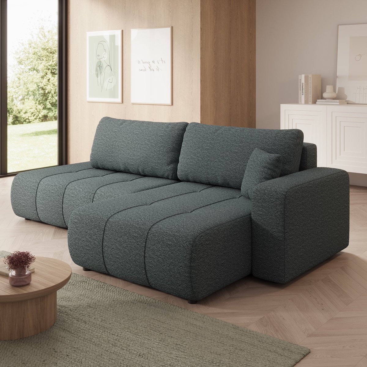 Meubella - Feather L - Hoekbank 3-zits met chaise longue - Stof zwart - Rechts