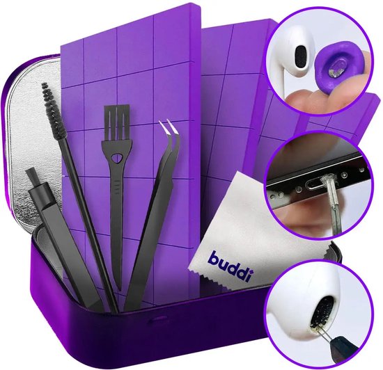 Frais Buddi | Kit de nettoyage professionnel pour téléphone, tablette et Airpods | Convient pour le port de chargement, les AirPods et le nettoyage du téléphone | Gomme nettoyante | Y compris des brosses pratiques