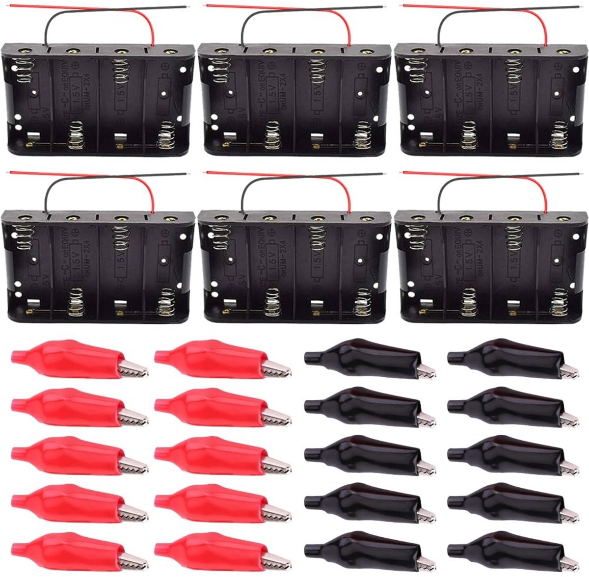 Allecto - Batterijhouder - Dual Wire - D-Formaat - 6x 4-Slots - Inclusief 20 Krokodillenklemmen - Geschikt voor 6V Batterijen - Ideaal voor Elektro...