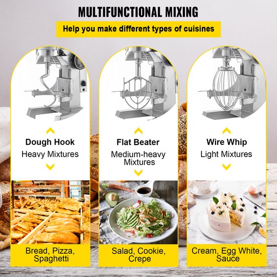 Keukenmachine met 15qt Rvs Kom, 850w Elektrische Kneedmachine met 3 Snelheden 113/184/341RPM, Inclusief Deeghaak en Klopklopper, Geschikt voor Bakkerijen en Pizzeria's van Merkloos — afbeelding 5