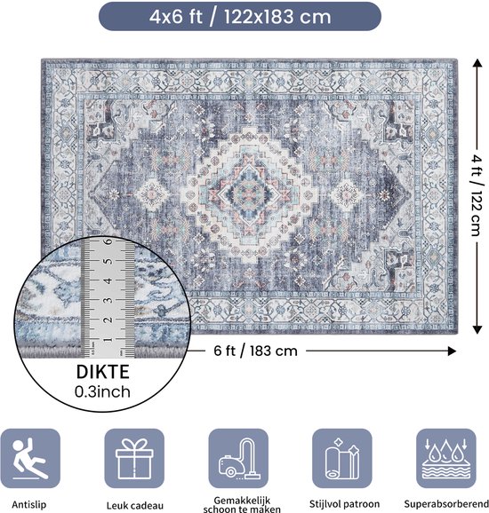 Afmetingen 122x183 cm. Dik 0.3 inch. Grijsblauw kleed met stijlvol patroon, antislip, leuk cadeau, makkelijk schoon te maken.