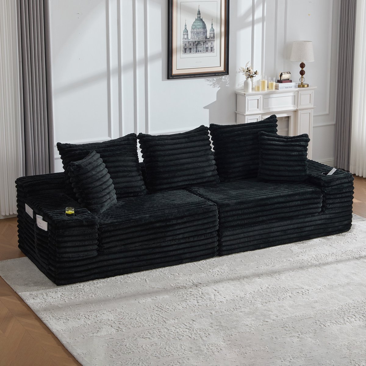 MODENUIT Slaapbank 273 x 98 x 87 cm - Met Hoge Rugleuning, Zijvakken & Bekerhouders - Woonkamer - Cord Zwart