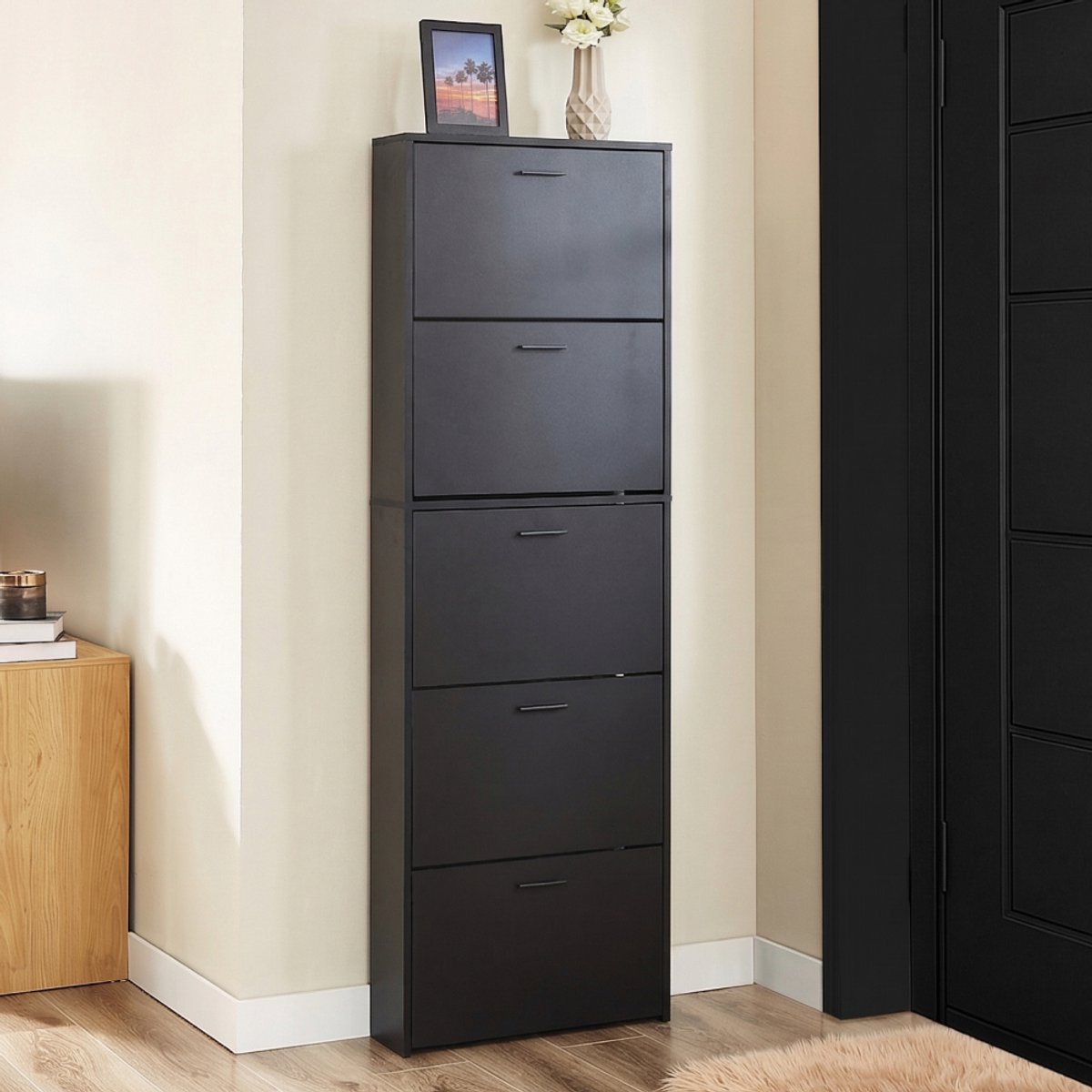 CASABEL Moderne schoenenkast met 5 neerklapbare deuren, ruimte voor 15 paar schoenen, houten schoenenopbergkast, zwart