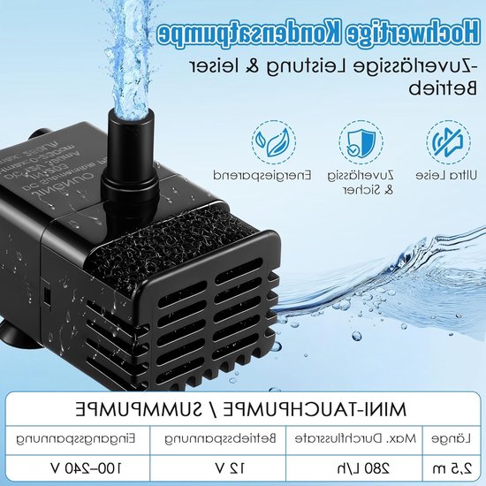 Mini automatische onderwaterpomp met water sensor, 2.5m slang en terugslagklep, 280 L/h voor airconditioning, ontvochtiger en keldergebruik van Merkloos — afbeelding 2