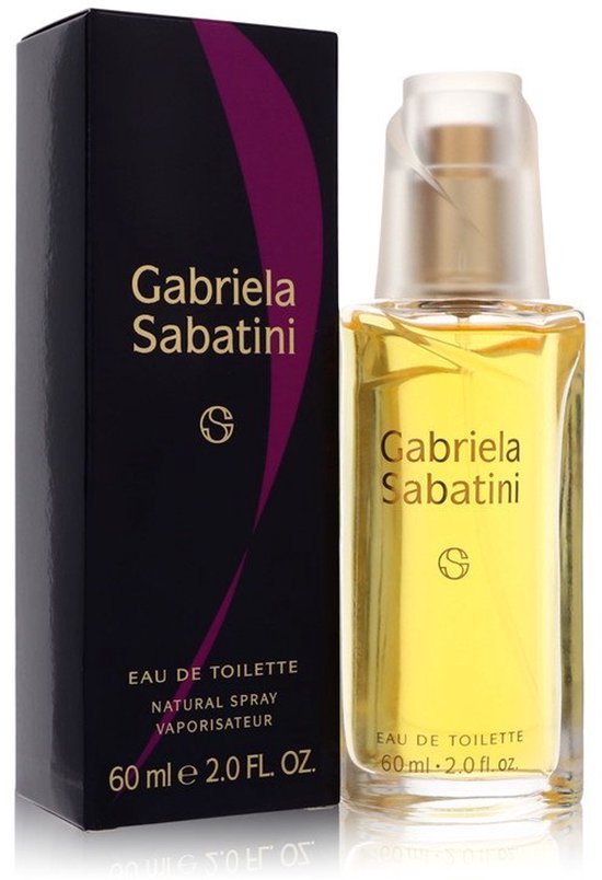 Gabriela Sabatini Eau de Toilette, 60 ml. Glazen fles met gouden dop, naast de zwarte verpakking met paarse curve.
