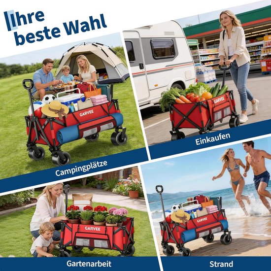 Heavy-Duty Opvouwbare Bolderkar Zwart - Draagkracht 215 kg / 280 Liter - Bolderwagen met All-Terrain Wielen, Remmen & Bagagespin - Strandkar & Kamperen - Rood — afbeelding 4