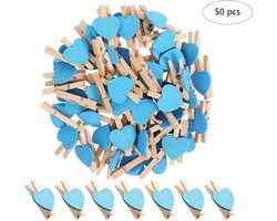 50-stuks Clips - Houten clips - Mini clips - Fotoclips - Hartvormige mini wasknijpers - Mini houten hartvormige wasknijpers - Geschikt voor foto's, paperclips, zelfgemaakte Valentijnskaarten, tekeningen, scrapbooks, enz. - Blauw