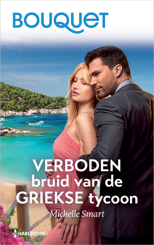 Een blondine in een roze jurk omhelsd door een man in een pak, met een tropische kustlijn op de achtergrond. "VERBODEN bruid van de GRIEKSE tycoon"