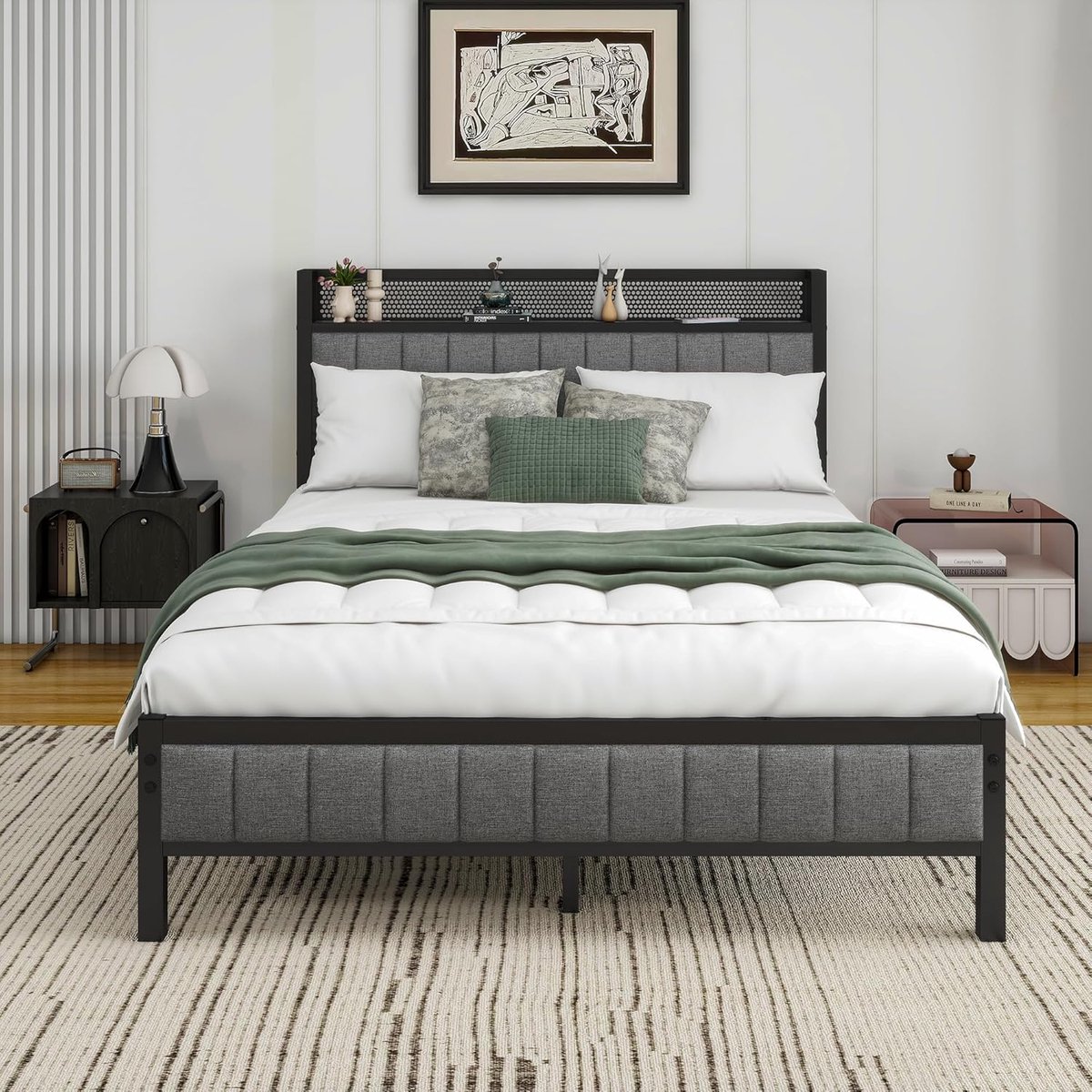 Bedframe 120x200 cm met Lattenbodem en Oplaadstation – Metalen Jeugdbed met Hoofdbord, USB & Stopcontact – Industrieel Design – Zwart/Grijs – HomeByNicole