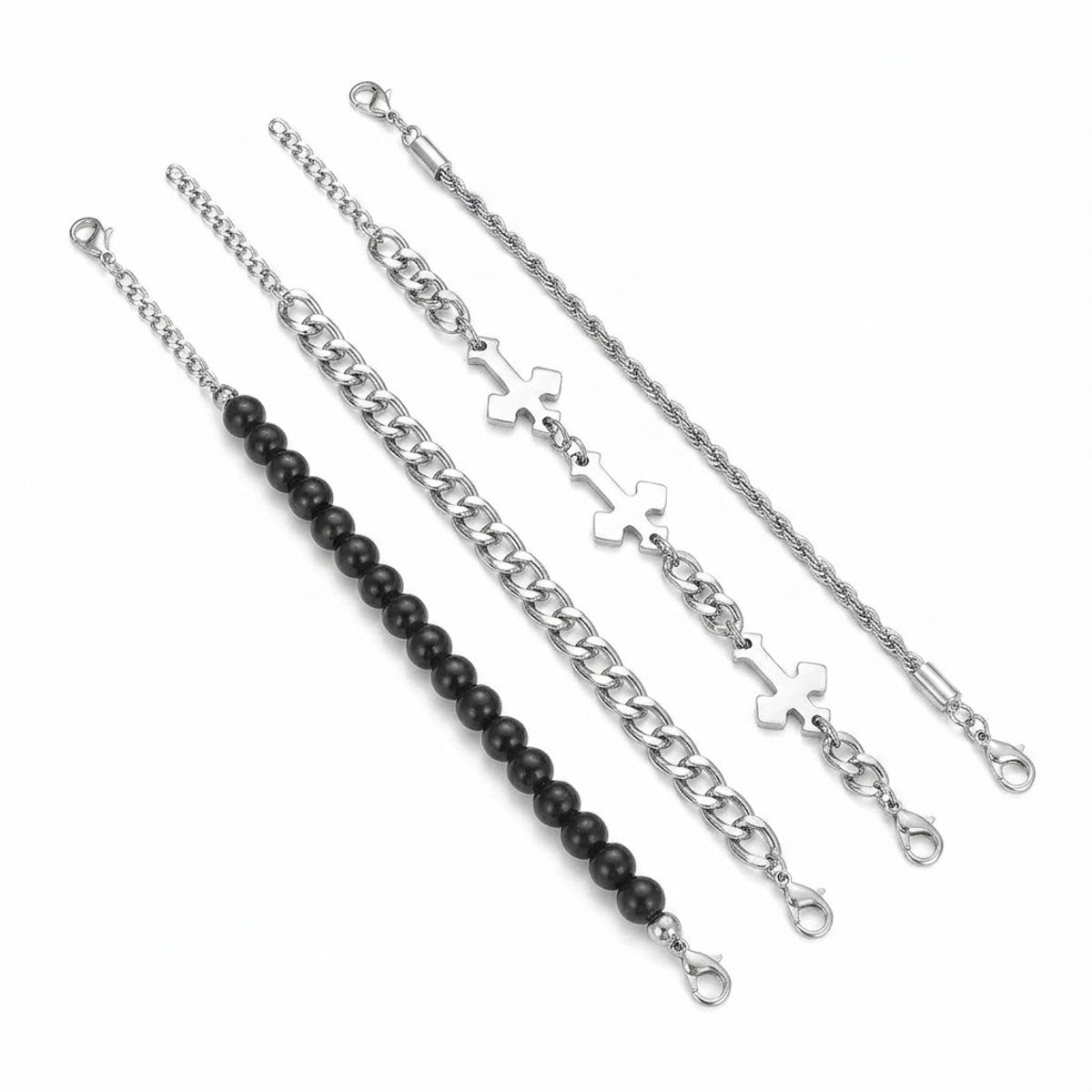4-delige Armbanden Set voor Heren – Zilver & Zwart met Kruis Hangers