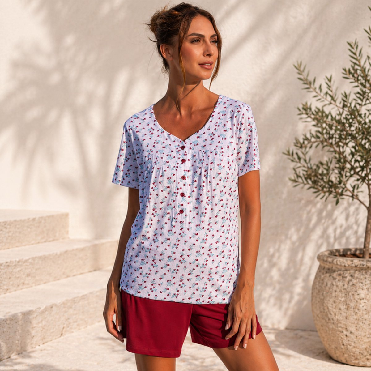 Barandi dames pyjama shortama katoen – Verona bloemenprint met korte broek – comfortabel en zomers gebloemd