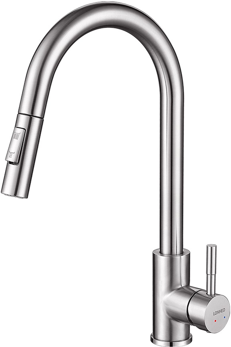 Lonheo Max Keukenkraan met Uitrekbare Uitloop - Gebürstet - 360° Draaibaar - 40% Waterbesparing - Verticaal Paraplu-ontwerp