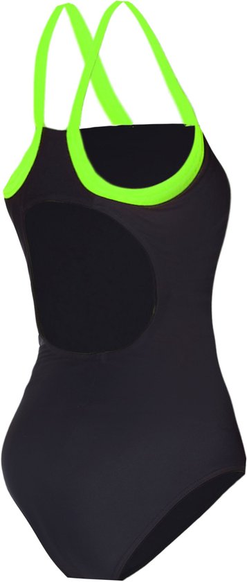 Zwart sportbadpak met gekruiste felgroene bandjes en open rug.