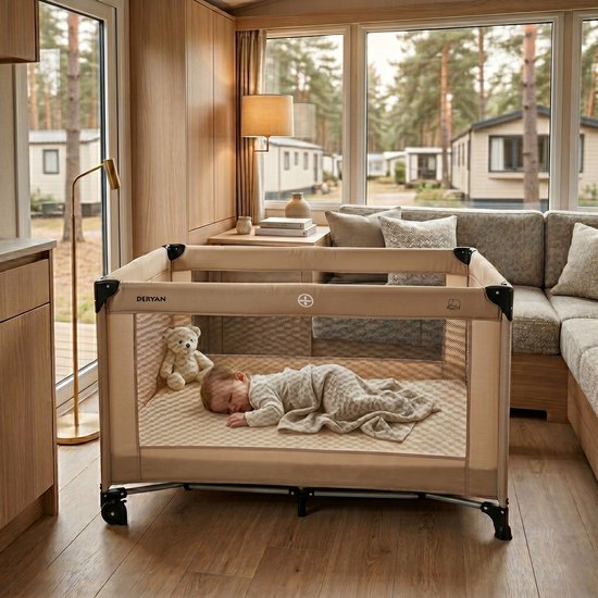Een baby slaapt in een beige reisbedje met teddybeer. Het bedje staat in een woonkamer met uitzicht op chalets.