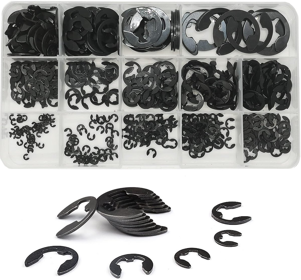 Allecto - E-clip - 500 stuks assortiment - zwart - gelegeerd staal - externe borgklemmen - geschikt voor diverse toepassingen - Ø1.5-Ø15mm