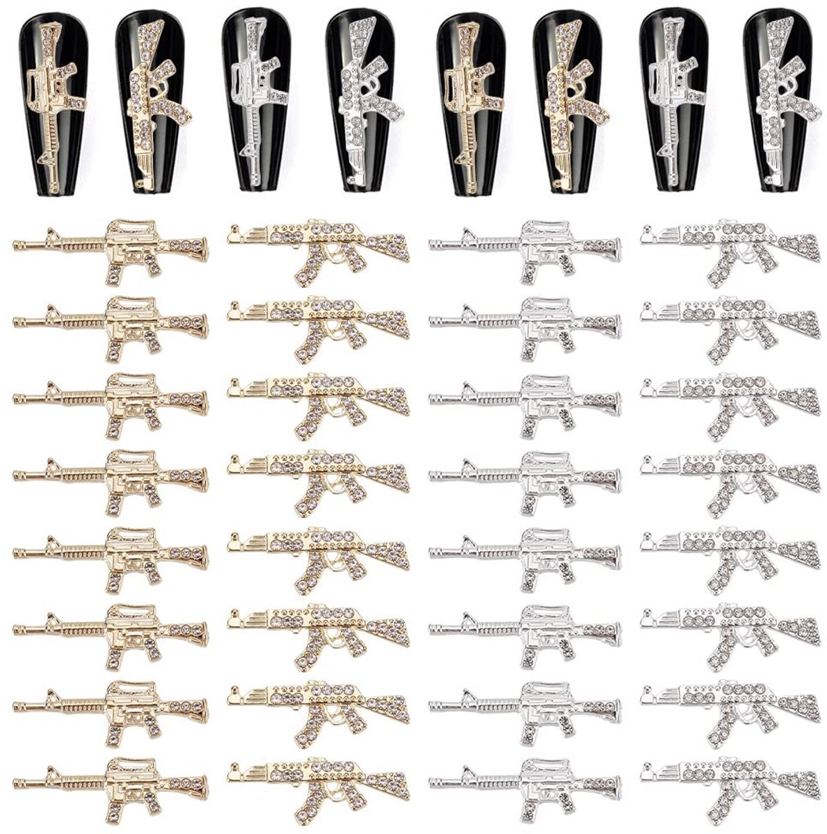 Allecto Gun Nail Charms - 32 Stuks - 3D Nagel Charms - Zilver - DIY Nagel Decoratie - Sieraden Maken - Kunststof