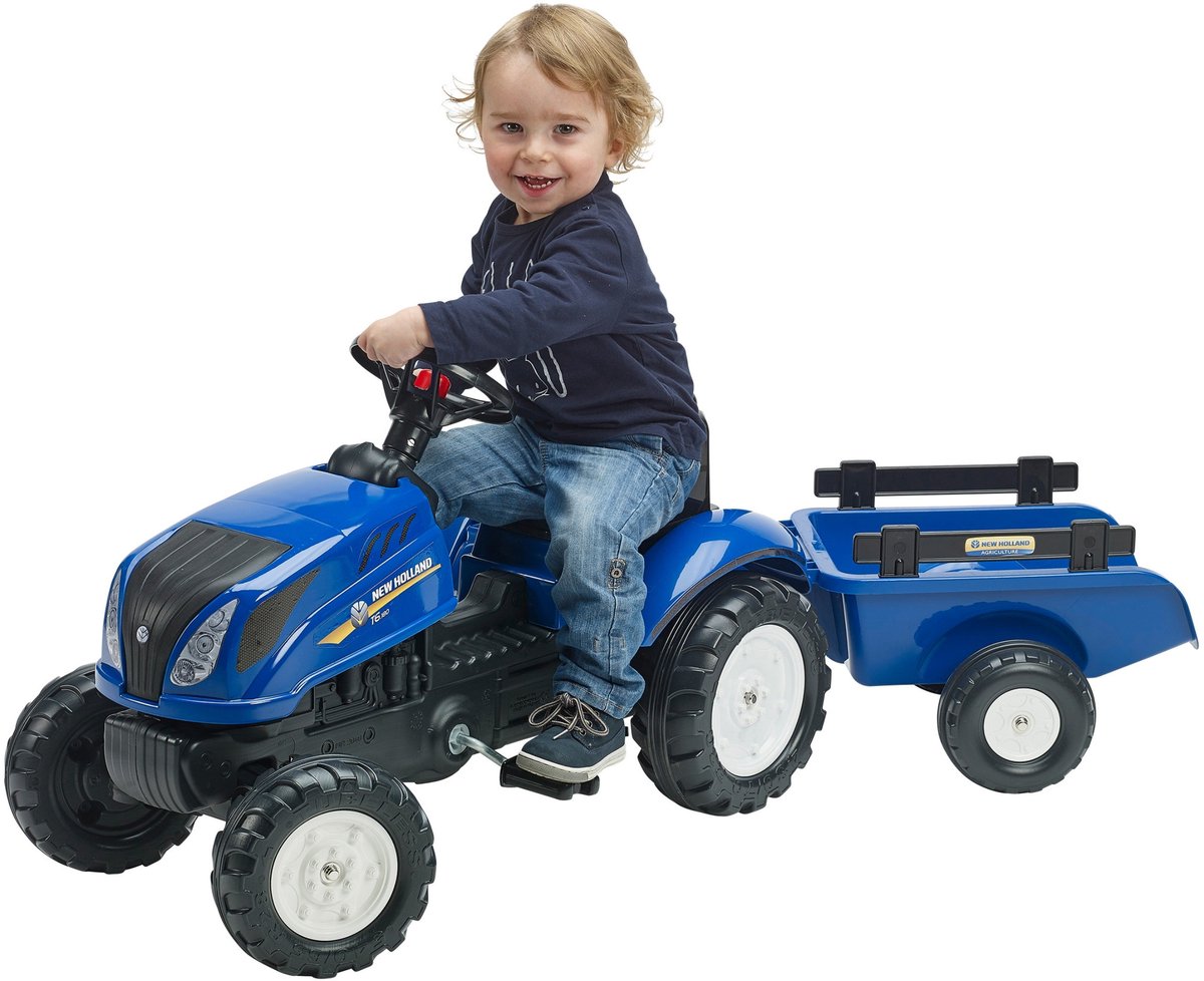 FALK Speelgoedtractor met pedalen New Holland met aanhanger blauw