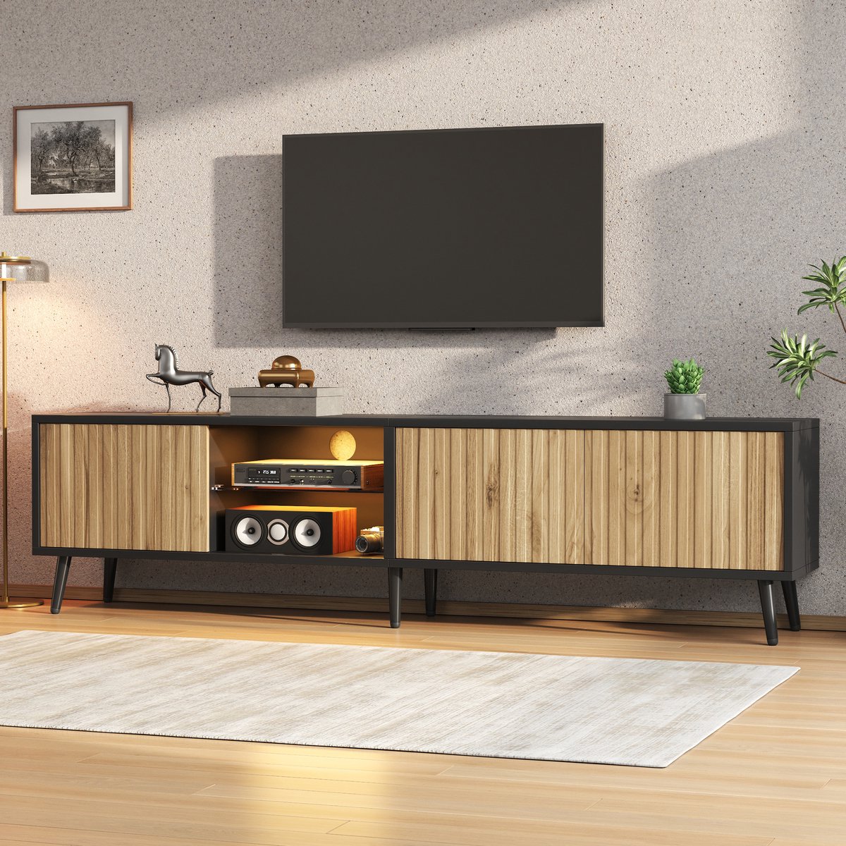 Zubaliya TV Meubel 175 cm – LED Verlichting – Houtkleur + Zwart – Geschikt tot 75 inch – 3 Deuren & Glasplanken – Met 6 Metalen Poten – Modern Lowboard