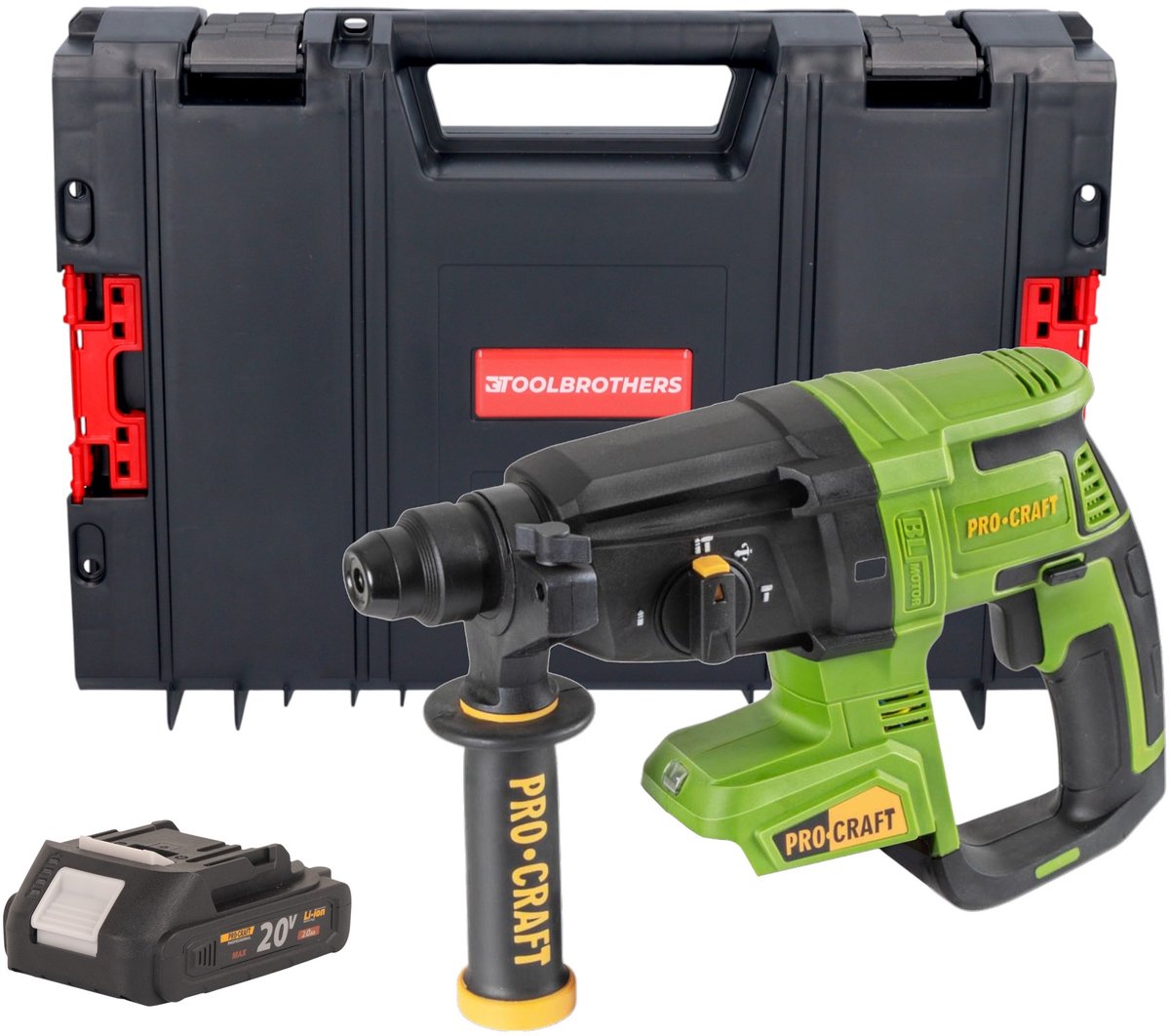 Procraft PHA40bb accuboorhamer 20 V 2,6 J SDS plus borstelloos + 1x accu 2,0 Ah + RHINO gereedschapskoffer - zonder oplader