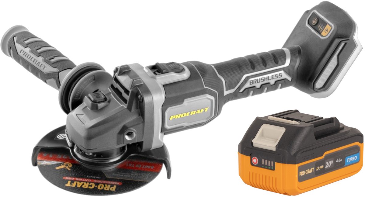 Procraft Industrial AG125Bbb accu haakse slijper 20 V 125 mm borstelloos + 1x accu 4,0 Ah - zonder oplader